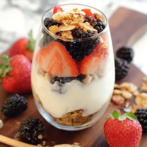 Close-up of a freshly made layered yogurt parfait in a clear glass, showing thick white yogurt, crunchy granola, sliced strawberries, and blackberries from a DIY yogurt parfait bar.