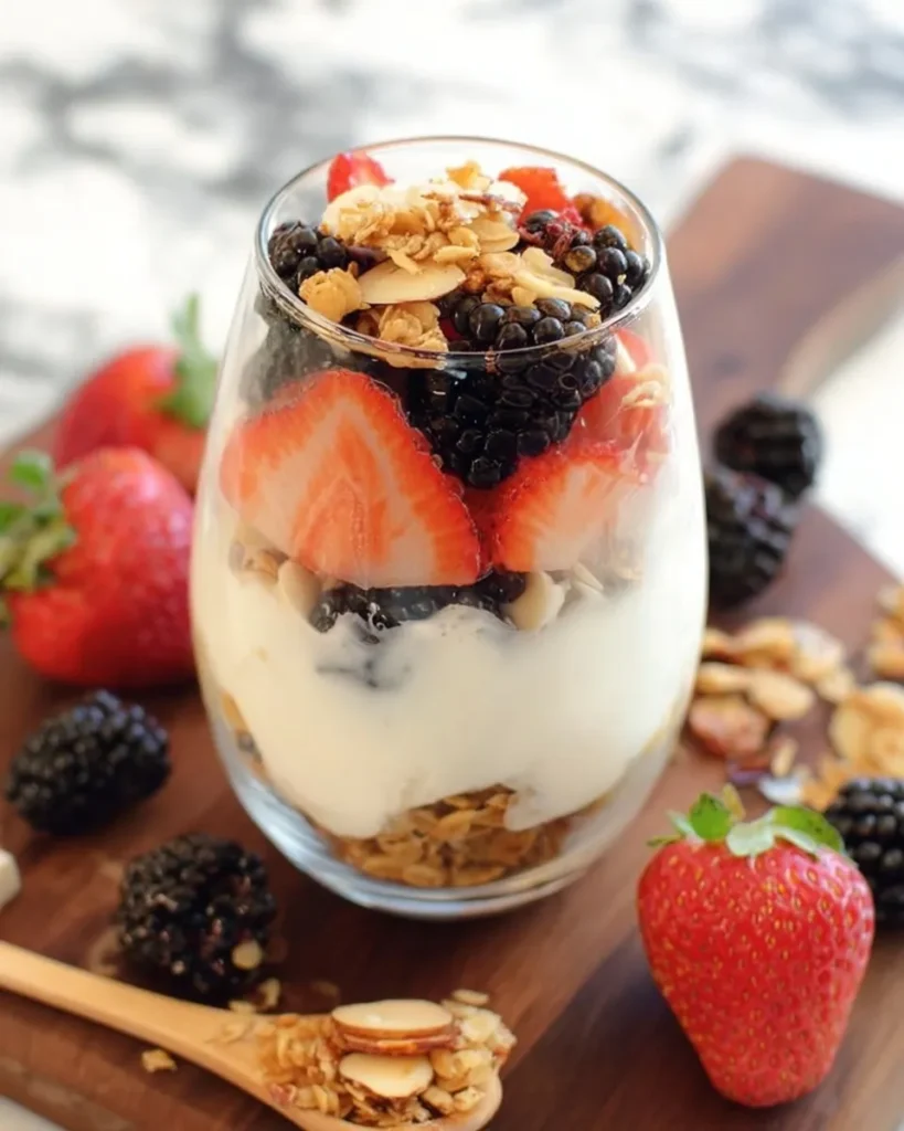 Close-up of a freshly made layered yogurt parfait in a clear glass, showing thick white yogurt, crunchy granola, sliced strawberries, and blackberries from a DIY yogurt parfait bar.