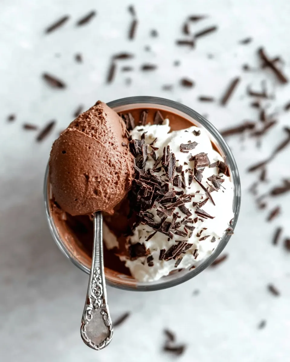 Overhead view of a glass of vegan chocolate mousse with a silver spoon scooping up a large bite to show the thick, airy texture, garnished with whipped cream and chocolate shavings.