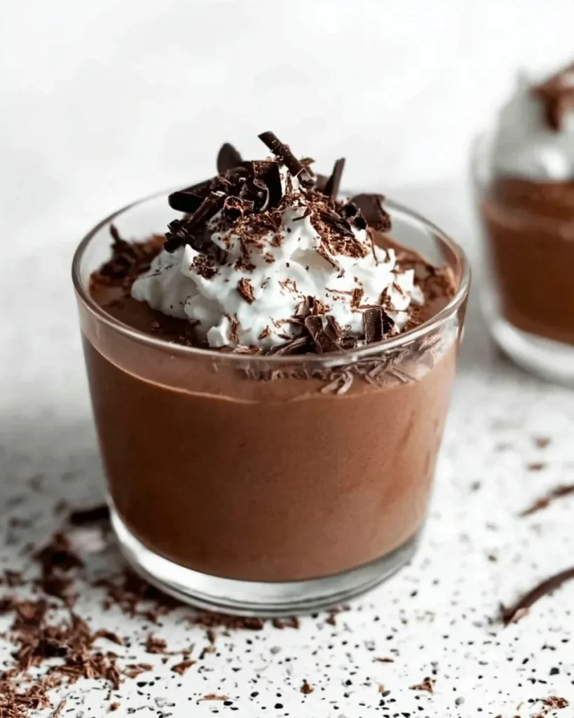 Close-up of rich vegan chocolate mousse in a clear glass, topped with dairy-free whipped cream and dark chocolate shavings, with chocolate curls scattered on the white surface.
