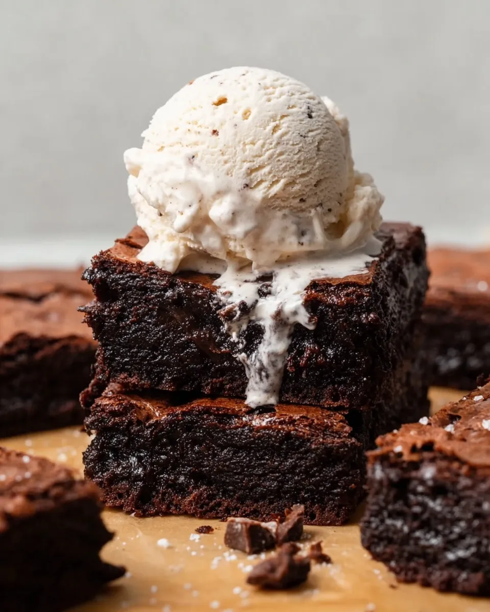 Close-up of two stacked fudgy vegan gluten-free brownies topped with a large scoop of melting vanilla ice cream dripping down the sides, sitting on parchment paper.