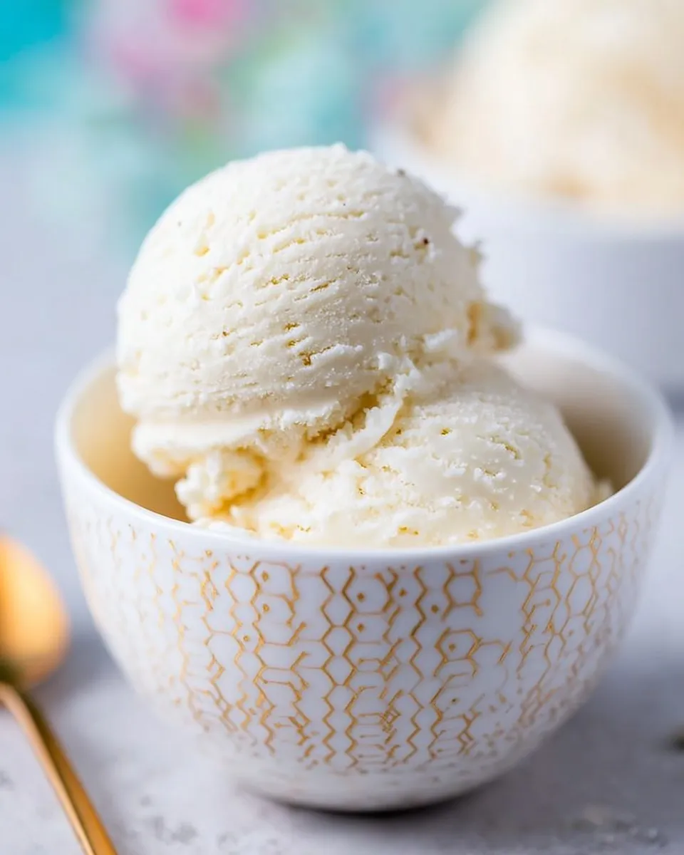 homemade vanilla no churn ice cream Close-up of two perfectly round scoops of homemade vanilla no churn ice cream showing delicate vanilla bean specks, served in a white bowl with a gold geometric pattern.