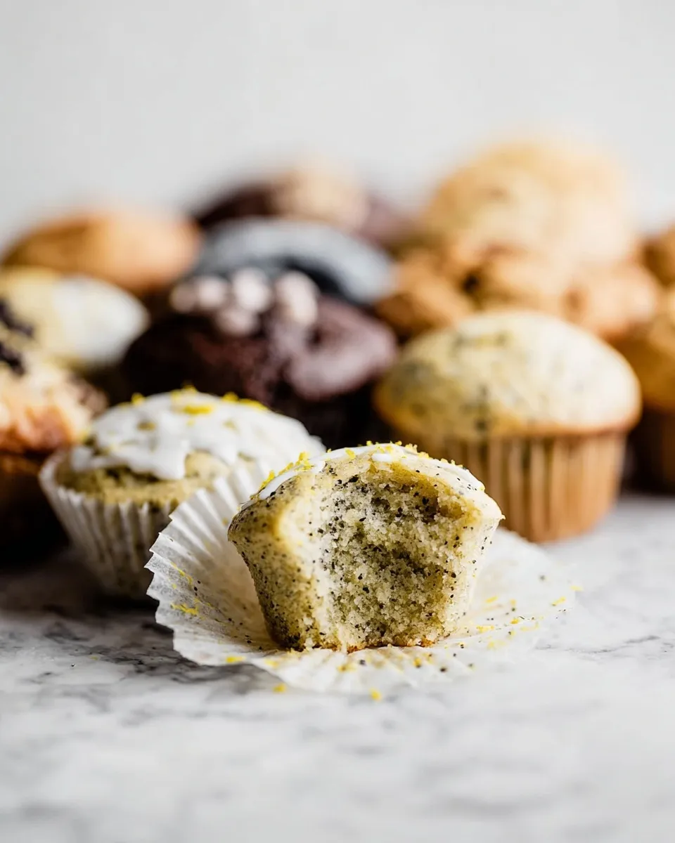glazed lemon poppy seed muffin Close-up of a glazed lemon poppy seed muffin with a bite taken out to reveal a moist, tender crumb, set against a background of assorted muffins from a customizable muffin recipe.