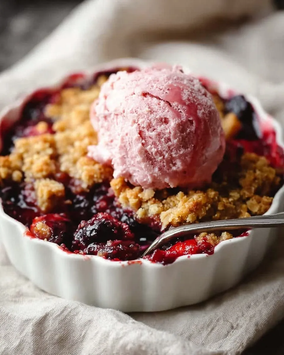 Close-up of a single-serving mixed berry crisp in a white fluted ramekin, topped with a large scoop of pink strawberry ice cream and a silver spoon.