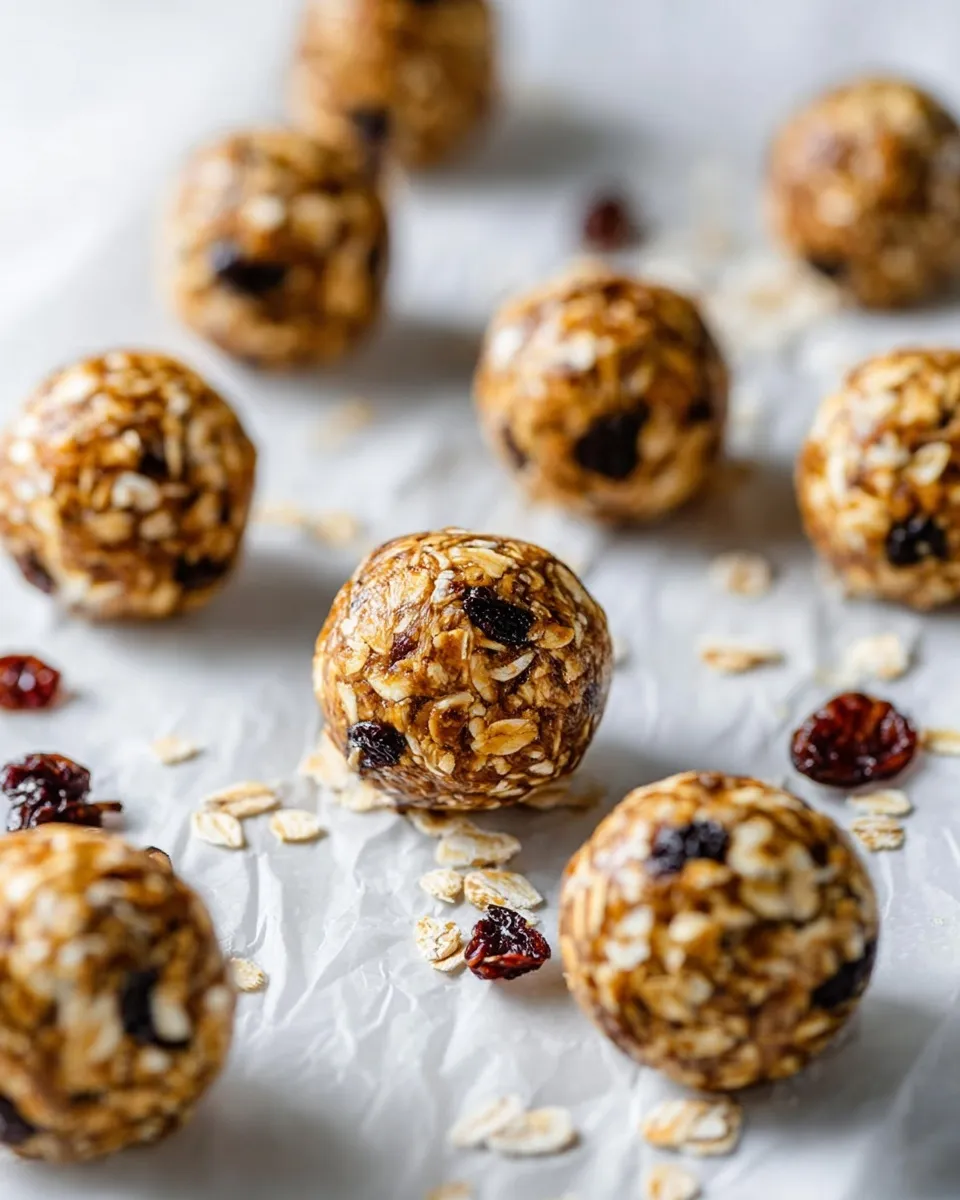 oatmeal raisin bites Close-up of homemade oatmeal raisin energy bites resting on crumpled white parchment paper, surrounded by scattered rolled oats and chewy dried fruit pieces.