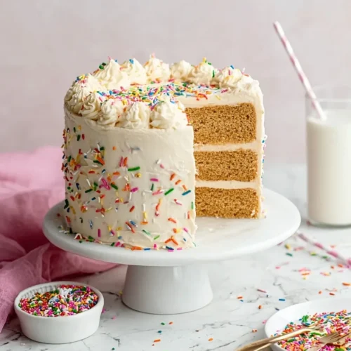 Three-layer healthy vanilla cake with white frosting and rainbow sprinkles on a white cake stand, with a slice removed to show the moist golden crumb.