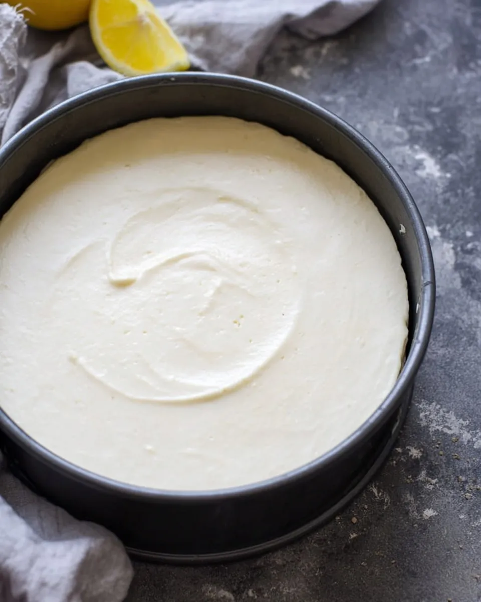 Top-down view of a round springform pan filled with smooth, creamy vegan lemon cheesecake filling. The batter has a swirl in the center, and fresh lemon halves sit next to the pan on a dark stone surface.
