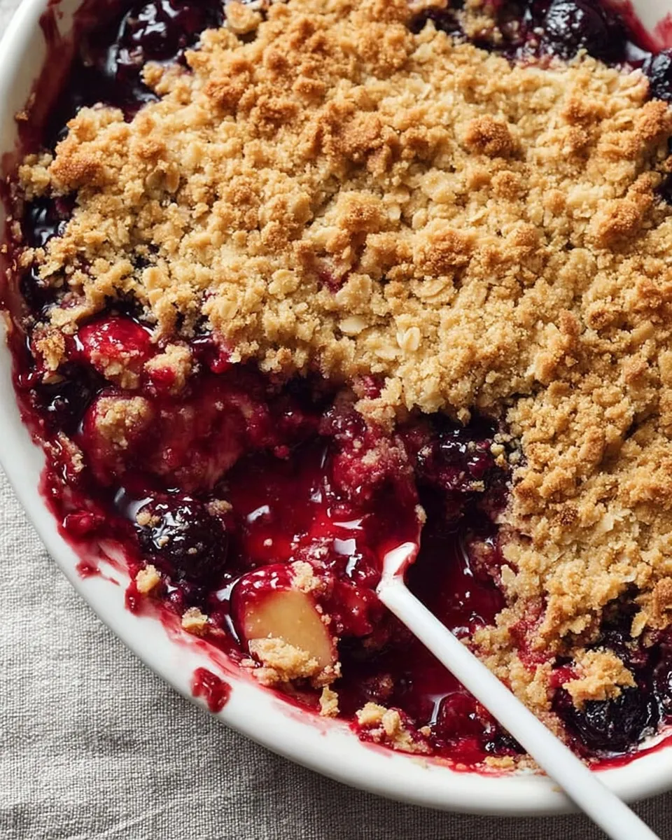 Top-down close-up of a spoon scooping into a baked mixed berry crisp, revealing a glossy, jammy red fruit filling underneath a golden-brown oat crumble topping.