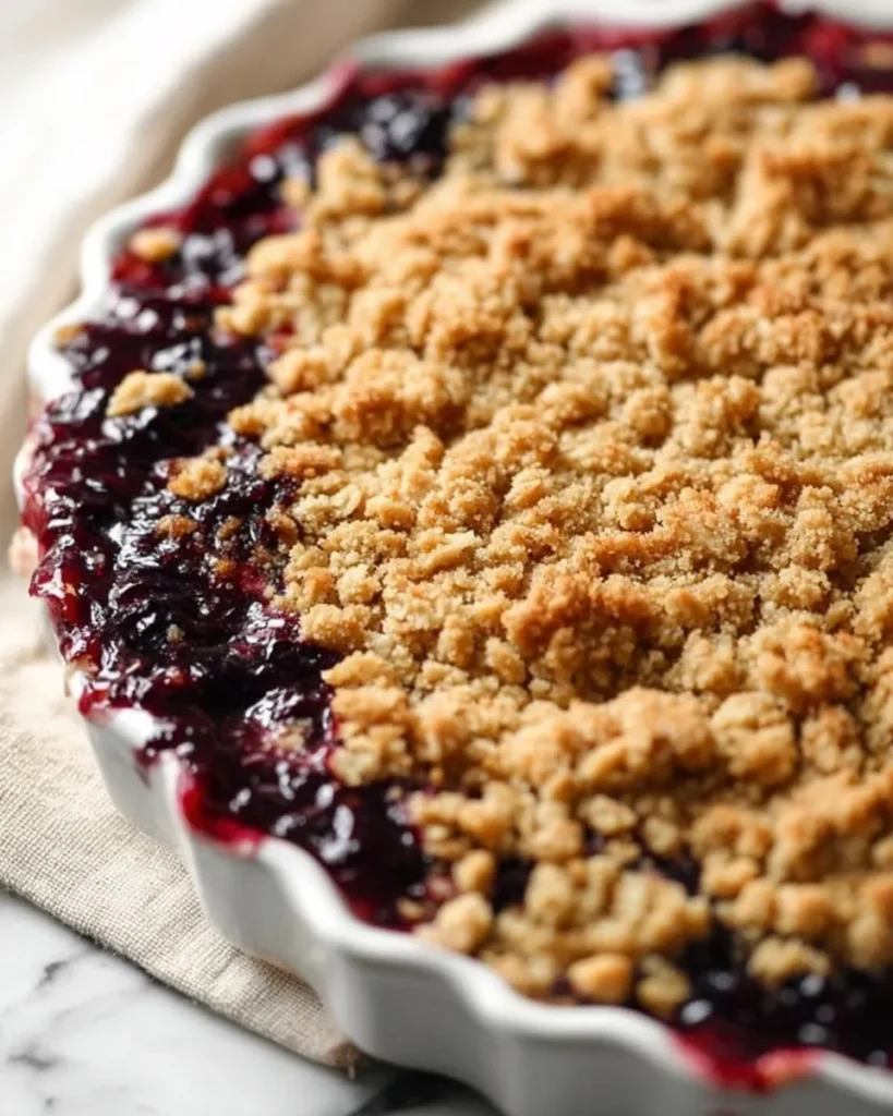 Baked mixed berry crisp in a white fluted dish, featuring bubbling dark purple fruit filling and a golden brown oat crumble topping.