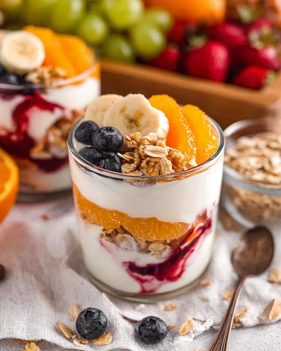 Close-up of a colorful layered yogurt parfait in a clear glass, featuring thick yogurt, berry jam, granola, mandarin oranges, bananas, and blueberries from a DIY breakfast parfait station.