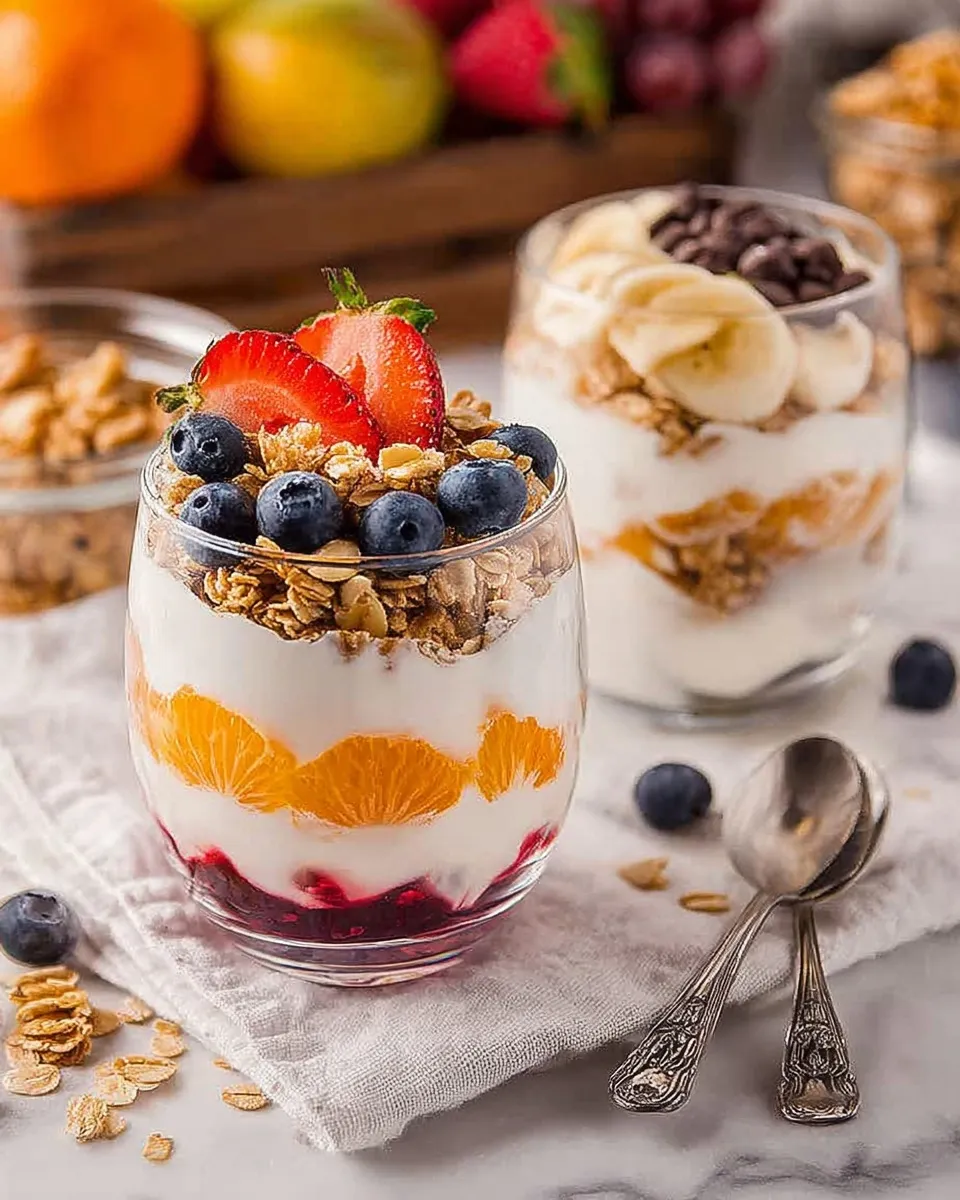 Close-up of two layered yogurt parfaits in clear glasses on a marble surface, showcasing different customizable toppings like berries, mandarin oranges, bananas, and chocolate chips from a DIY yogurt bar.