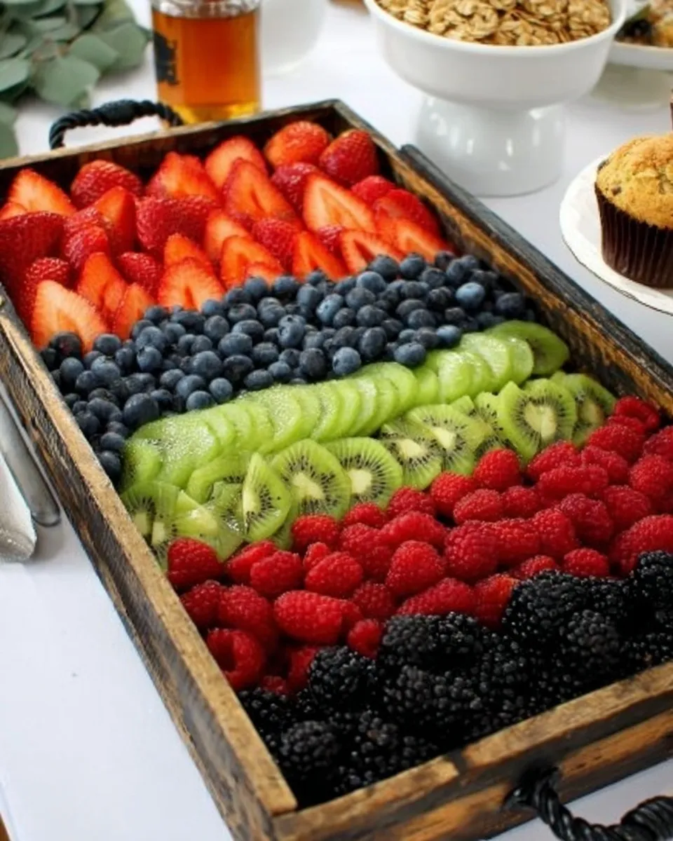 A rustic wooden tray neatly organized with vibrant rows of fresh strawberries, blueberries, kiwi, raspberries, and blackberries for a DIY yogurt parfait bar setup.