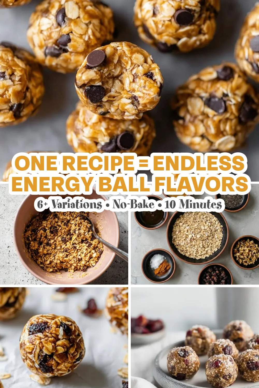 ENDLESS ENERGY BALL FLAVORS pin A collage graphic showing how to make customizable energy bites, featuring close-ups of chocolate chip and cranberry energy balls, a bowl of mixed oat dough, and small bowls of raw ingredients like rolled oats, nuts, and spices. The text overlay reads: "One Recipe = Endless Energy Ball Flavors. 6+ Variations, No-Bake, 10 Minutes."