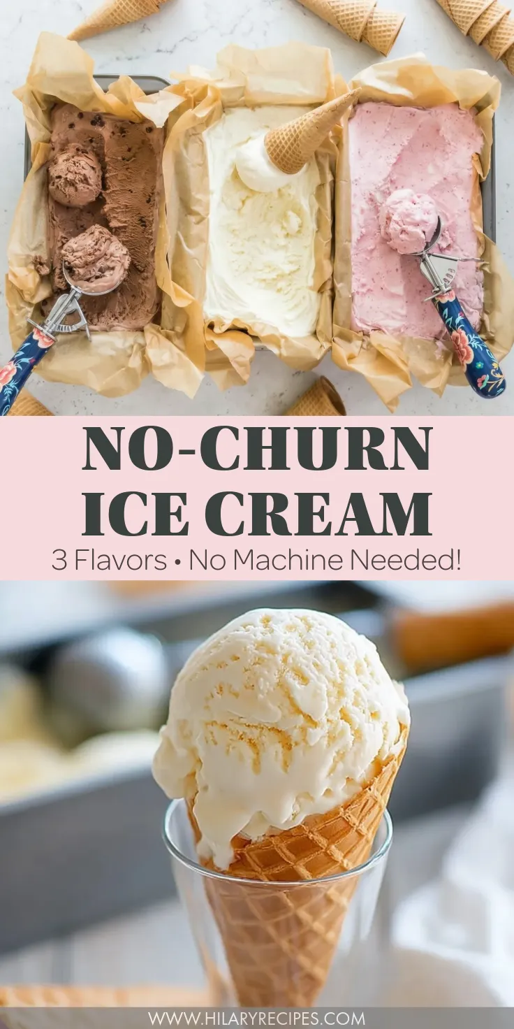 No-Churn Ice Cream pin A Pinterest pin graphic featuring a top image of three loaf pans filled with homemade chocolate, vanilla, and strawberry no-churn ice cream, and a bottom image of a creamy vanilla scoop in a waffle cone. The text overlay reads: "No-Churn Ice Cream, 3 Flavors • No Machine Needed!