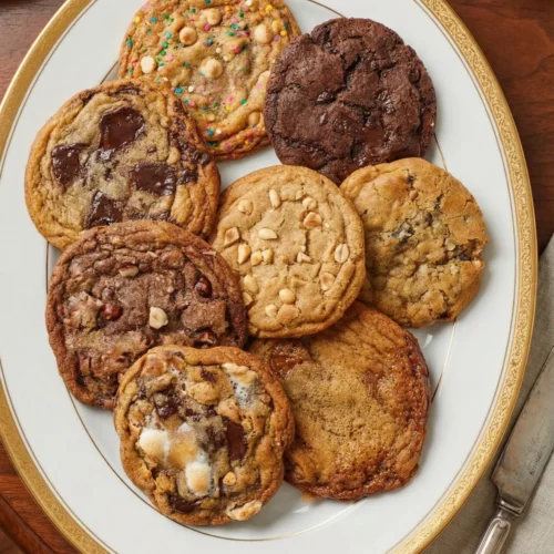 Top-down view of a white platter filled with nine different baked cookie variations, including chocolate chip, double chocolate, s'mores, and sprinkle cookies—all created from one master cookie recipe customizable base.