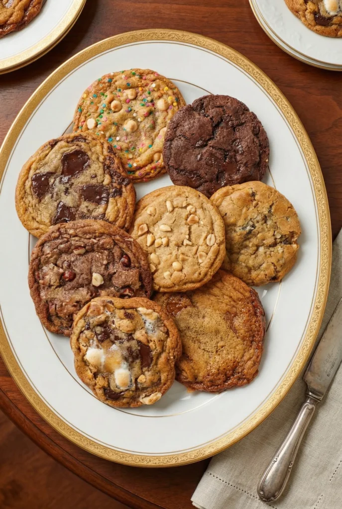 Top-down view of a white platter filled with nine different baked cookie variations, including chocolate chip, double chocolate, s'mores, and sprinkle cookies—all created from one master cookie recipe customizable base.