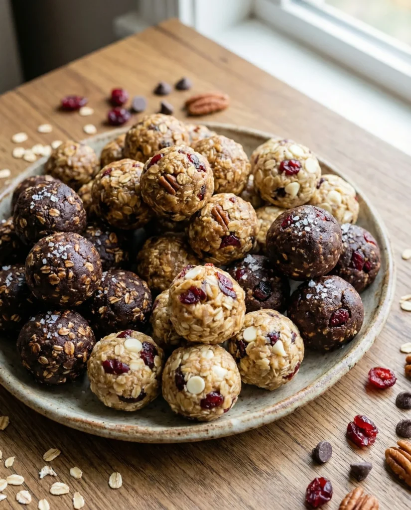 A rustic ceramic plate piled high with three varieties of homemade energy bites: dark chocolate with sea salt, white chocolate cranberry, and nutty trail mix. The plate rests on a warm wooden table next to a brightly lit window, surrounded by scattered rolled oats, dried cranberries, chocolate chips, and pecans.