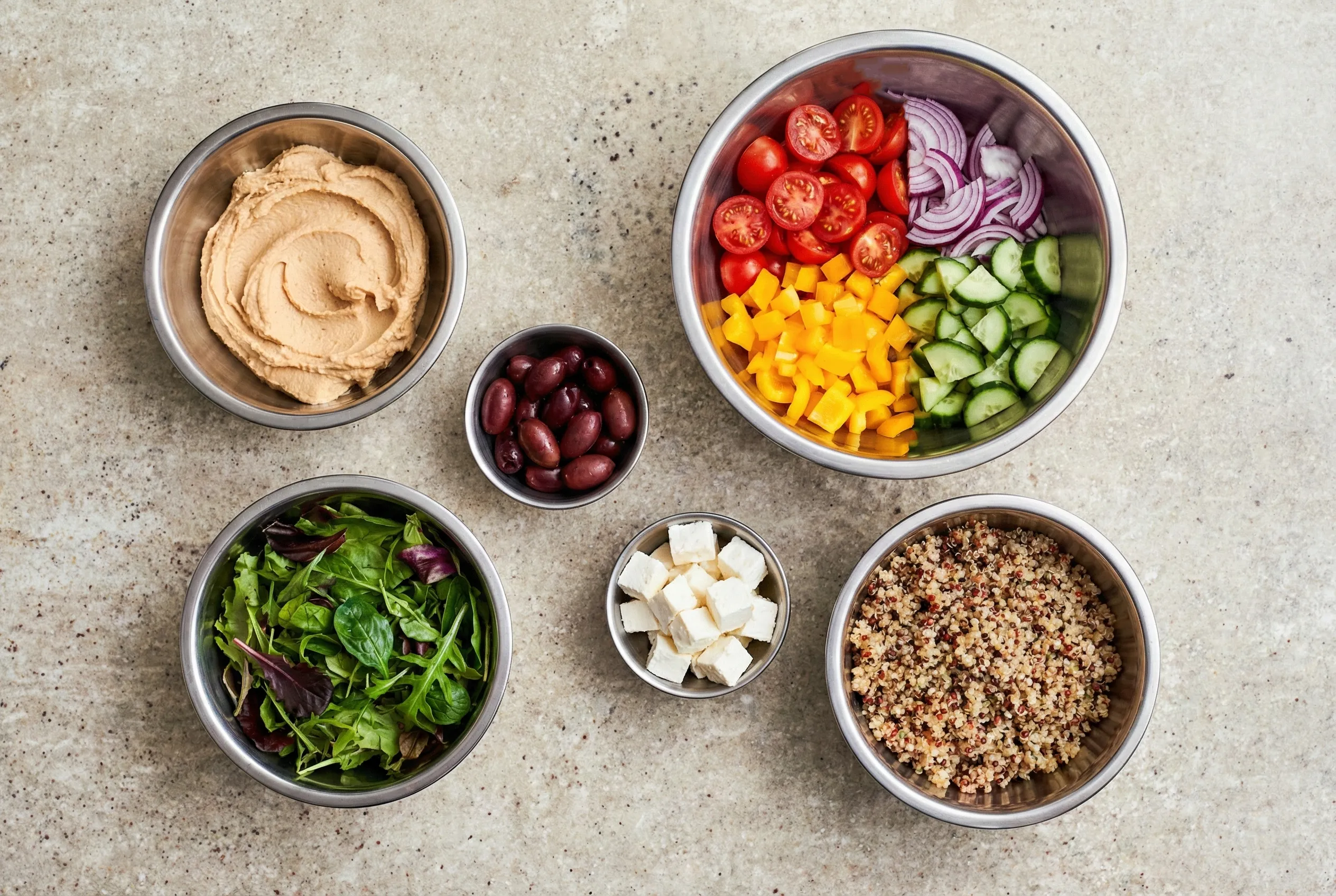 An overhead shot of stainless steel prep bowls containing Mediterranean ingredients: tri-color quinoa, mixed greens, swirled hummus, Kalamata olives, cubed feta, and chopped vegetables including cherry tomatoes, red onion, yellow bell pepper, and cucumber