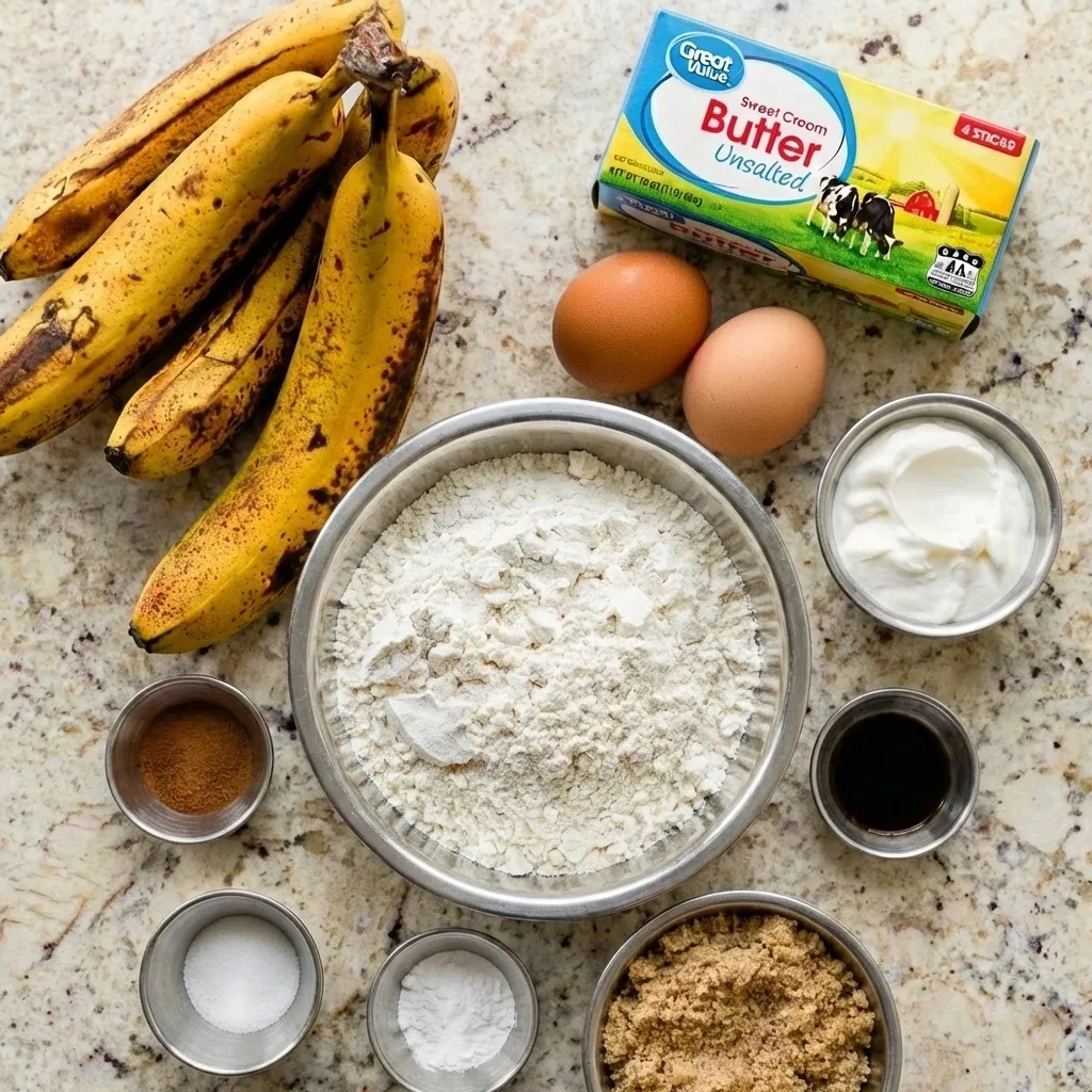 Ingredients for flexible banana bread recipe including ripe bananas, unsalted butter, eggs, flour, brown sugar, sour cream, and spices arranged on a granite countertop.