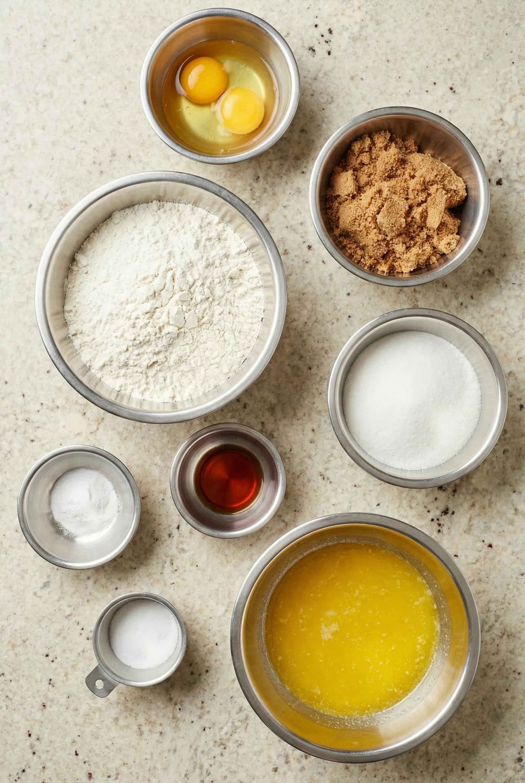 Overhead flat lay of master cookie recipe ingredients including melted butter, white and brown sugars, flour, two eggs, and vanilla in stainless steel bowls, ready for customizable baking.