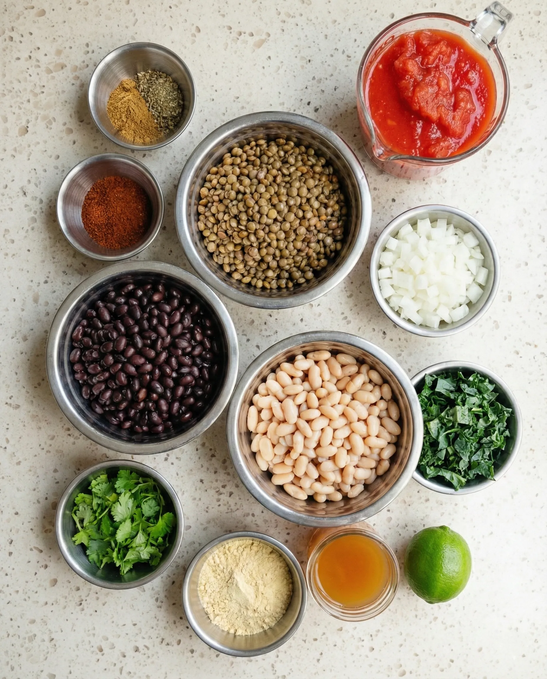 A top-down flat-lay of ingredients for protein packed bean chili, including bowls of black beans, white beans, green lentils, diced onions, chopped kale, and various spices arranged on a light countertop