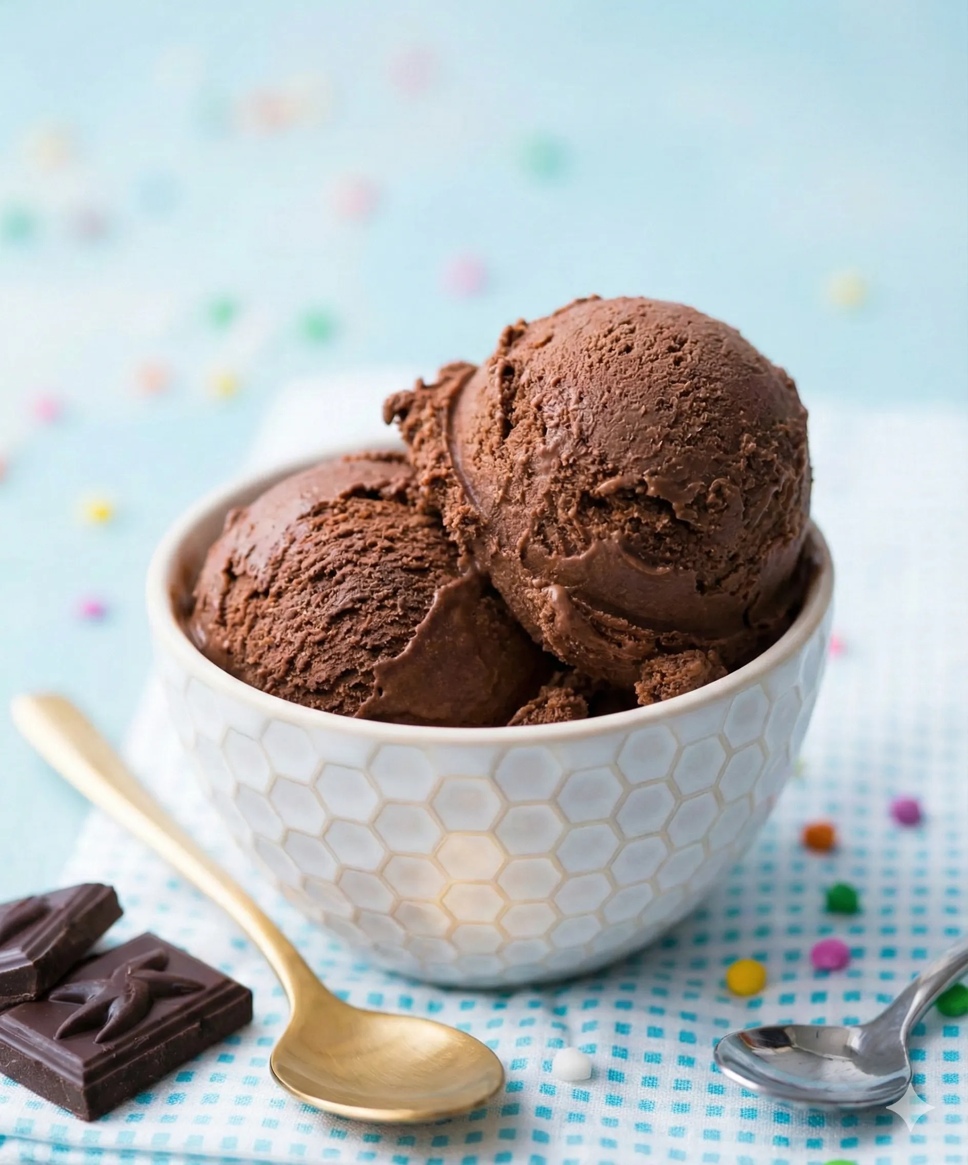 chocolate no-churn ice cream Close-up of two rich scoops of decadent chocolate no-churn ice cream in a white patterned bowl, accompanied by a gold spoon and dark chocolate squares on a blue and white checkered cloth.