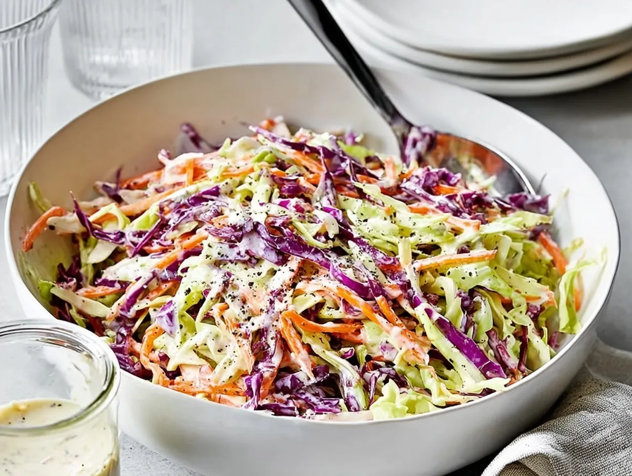A large white bowl filled with freshly tossed green and red cabbage and carrots, showcasing the delicious result of coating the slaw in a creamy coleslaw dressing with apple cider vinegar.