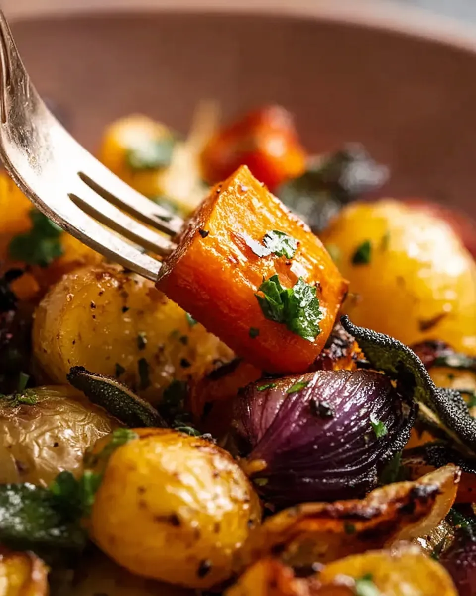 A macro shot of a silver fork holding a glossy, perfectly caramelized piece of roasted carrot garnished with parsley, with roasted potatoes, red onion, and sage softly blurred in the background.