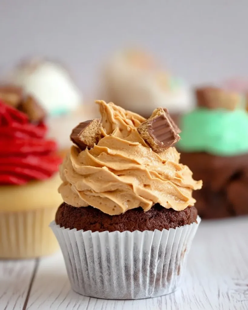 A close-up of a rich chocolate cupcake topped with a tall swirl of fluffy peanut butter buttercream and chopped peanut butter cups, showcasing one of the delicious customizable cupcakes with frosting options on a white wooden surface.