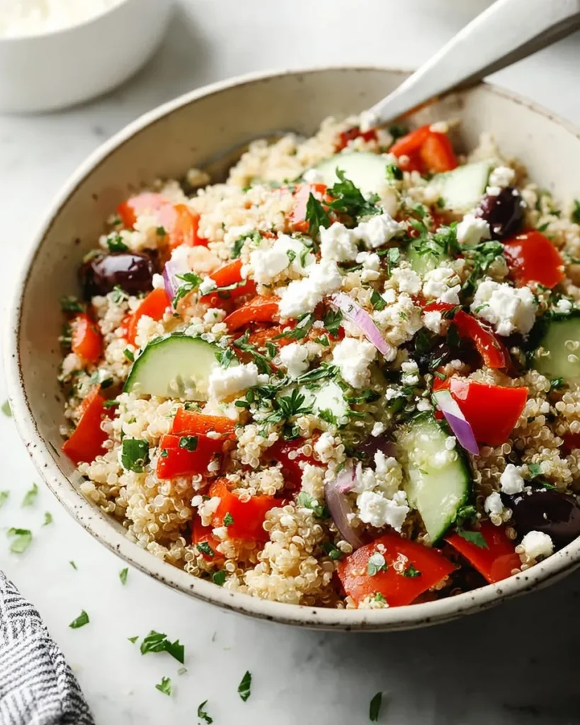 A close-up view of a freshly made Mediterranean grain salad in a rustic bowl, packed with fluffy quinoa, crisp cucumbers, vibrant tomatoes, kalamata olives, red onion, and crumbled feta cheese.