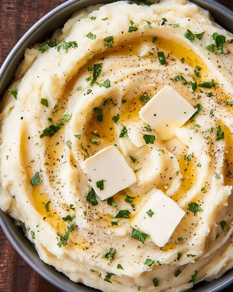 A close-up, overhead shot of creamy, swirled mashed potatoes in a bowl, generously topped with three square pats of melting butter, fresh chopped green herbs, and cracked black pepper