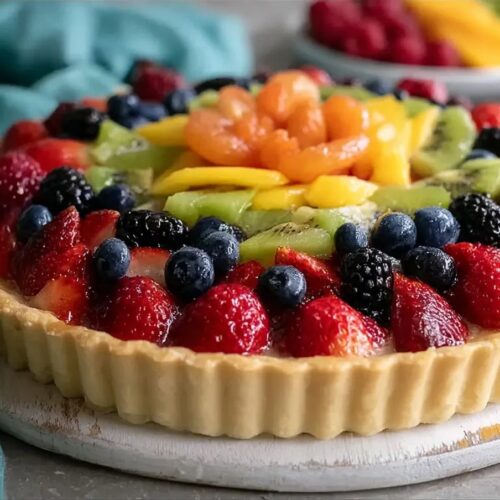 Close-up of a vibrant fresh fruit tart on a white wooden serving board, featuring a crisp fluted crust, silky pastry cream, and a glossy, colorful arrangement of fresh strawberries, blueberries, blackberries, kiwi, and mango.
