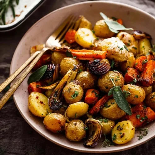 A close-up of a light pink bowl filled with golden-brown roasted baby potatoes, carrots, onions, and garlic, garnished with fresh sage and thyme, with two gold forks resting on the rim.