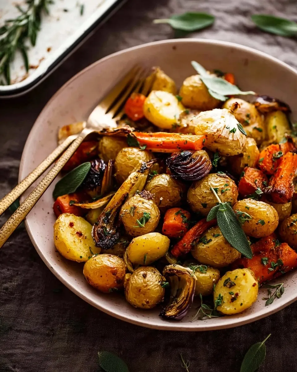 A close-up of a light pink bowl filled with golden-brown roasted baby potatoes, carrots, onions, and garlic, garnished with fresh sage and thyme, with two gold forks resting on the rim.