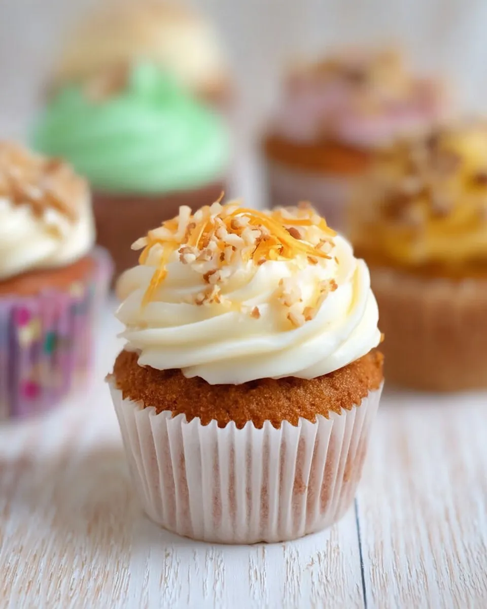 A close-up of a spiced carrot cupcake topped with a classic swirl of white cream cheese frosting, garnished with finely chopped walnuts and grated carrot, showcasing customizable cupcakes with frosting options on a bright wooden surface.
