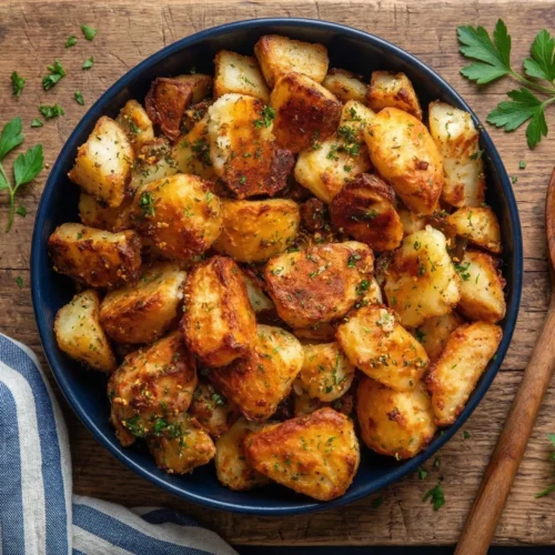 Overhead view of deeply golden, crispy oven roasted potatoes garnished with fresh herbs, served in a dark blue bowl on a rustic wooden board next to a striped napkin and a wooden spoon.