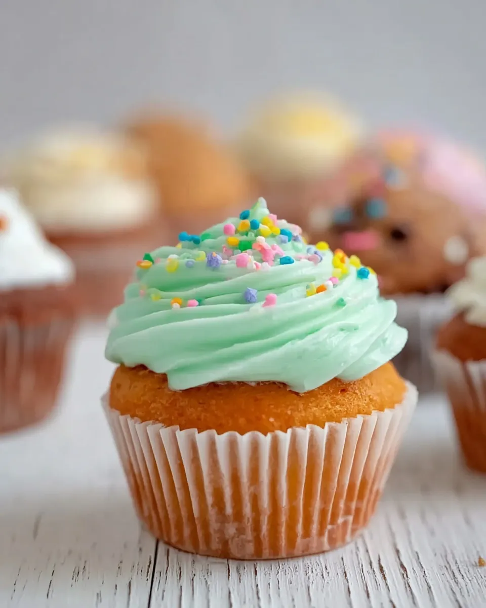 A close-up of a golden vanilla cupcake topped with a swirl of light pastel green buttercream and bright rainbow sprinkles, highlighting fun customizable cupcakes with frosting options on a white wooden surface.