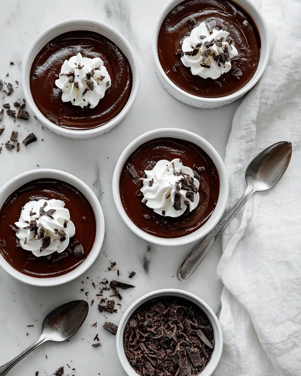 Overhead shot of four white ramekins filled with homemade chocolate pudding, topped with whipped cream and chocolate shavings. The bowls are arranged on a white marble surface next to a white linen napkin, two silver spoons, and an extra bowl of chopped chocolate.