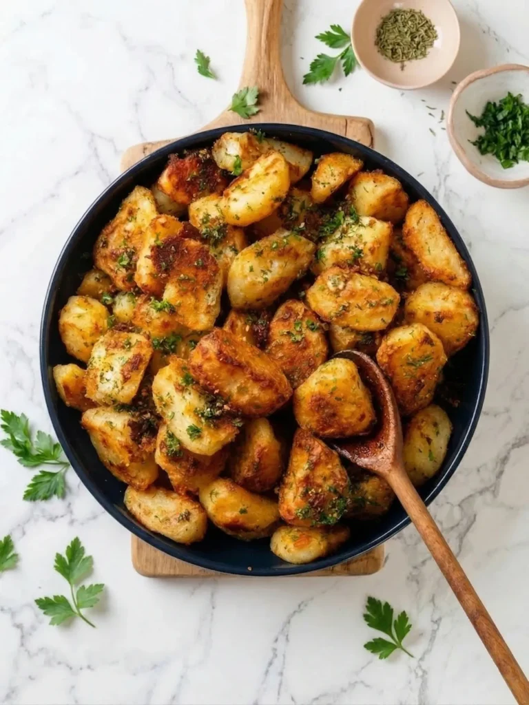 Overhead view of deeply golden, crispy roasted potatoes tossed with fresh parsley in a dark blue bowl with a wooden serving spoon, sitting on a wooden board over a white marble surface.