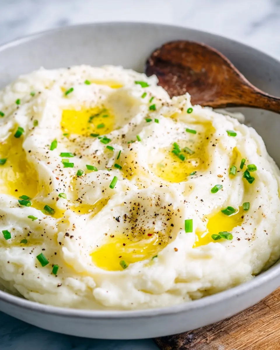 A close-up view of a bowl filled with fluffy mashed potatoes featuring deep swirls holding pools of melted butter, garnished with freshly chopped green chives and cracked black pepper, with a rustic wooden spoon resting on the right side.
