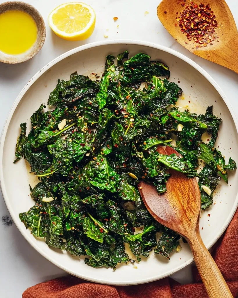 Overhead view of cooked garlic sautéed kale in a white skillet, featuring glossy green leaves topped with golden garlic slices and red pepper flakes. A wooden spoon rests in the pan, with a fresh lemon half, a small dish of olive oil, and extra spices arranged beautifully on the white surface nearby.