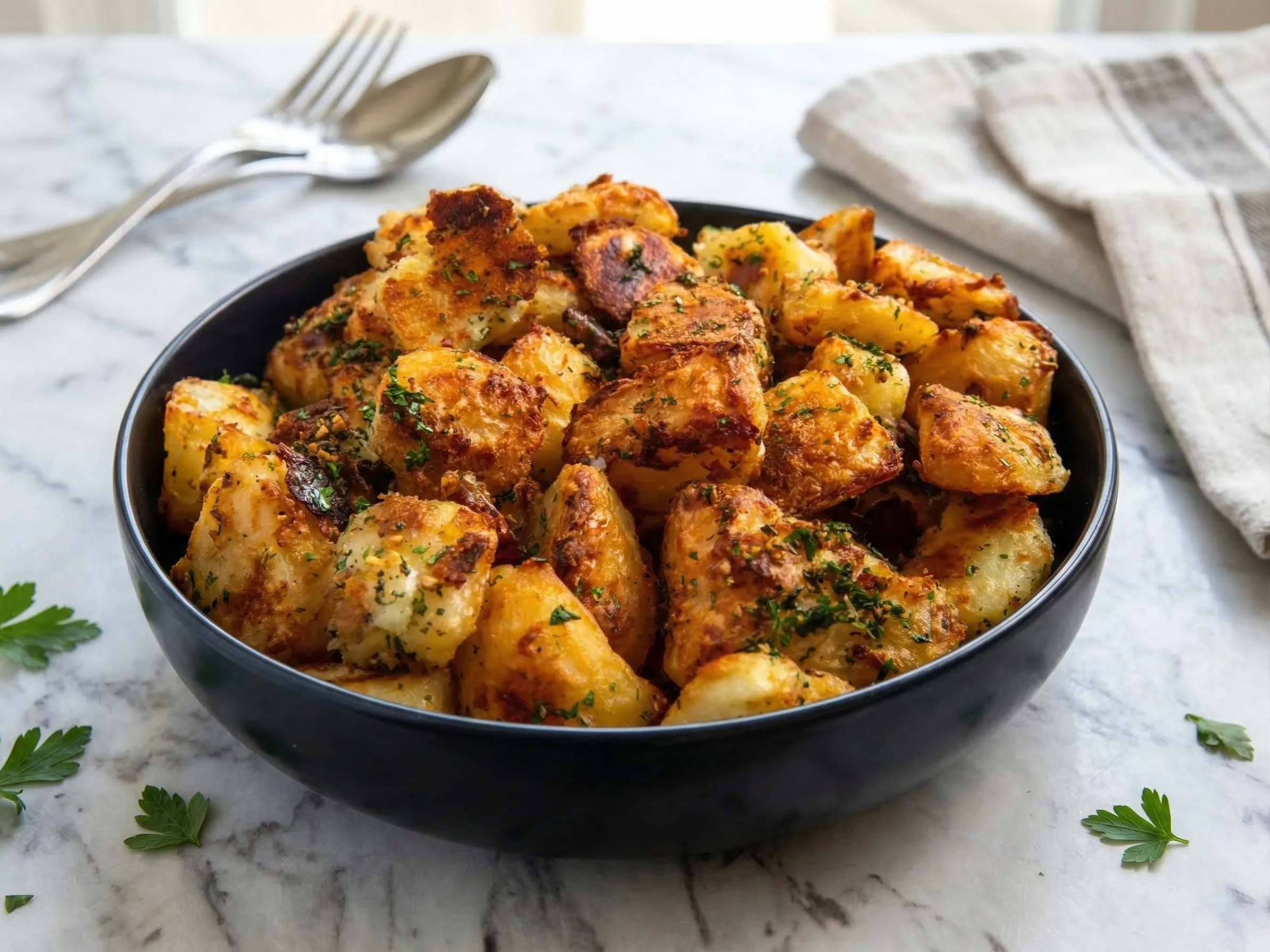 Close-up side view of deeply golden, crispy roasted potatoes tossed with fresh herbs in a dark bowl on a white marble surface, accompanied by a linen napkin and silver forks.