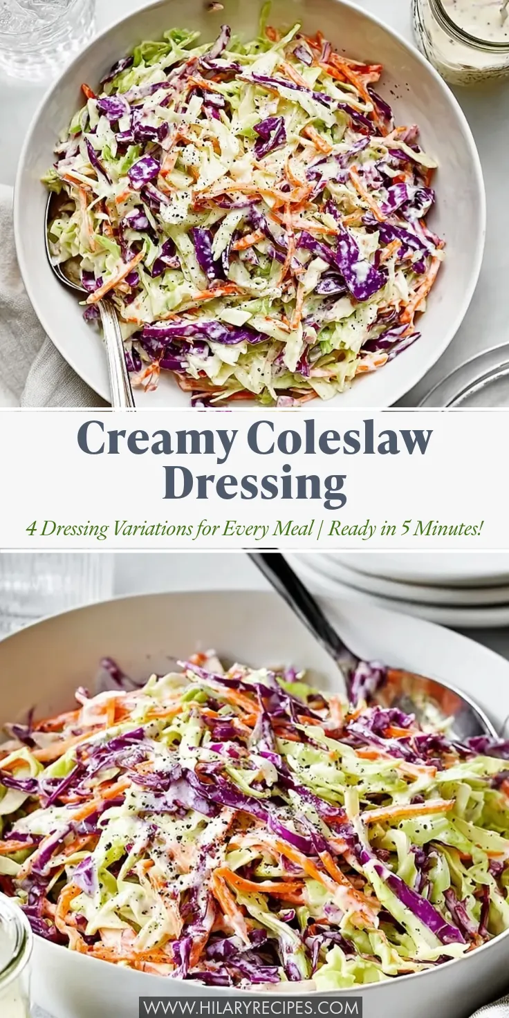 Two stacked photos of shredded green and red cabbage with carrots, coated in a creamy coleslaw dressing. The center text overlay reads "Creamy Coleslaw Dressing - 4 Dressing Variations for Every Meal | Ready in 5 Minutes!"