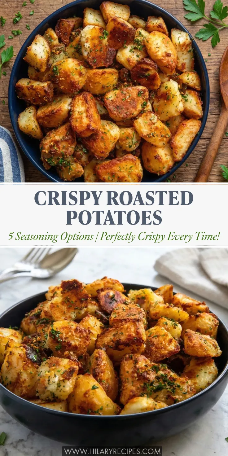 Two bowls of deeply golden, shatteringly crispy roasted potatoes garnished with fresh herbs, separated by text reading "Crispy Roasted Potatoes - 5 Seasoning Options | Perfectly Crispy Every Time!"