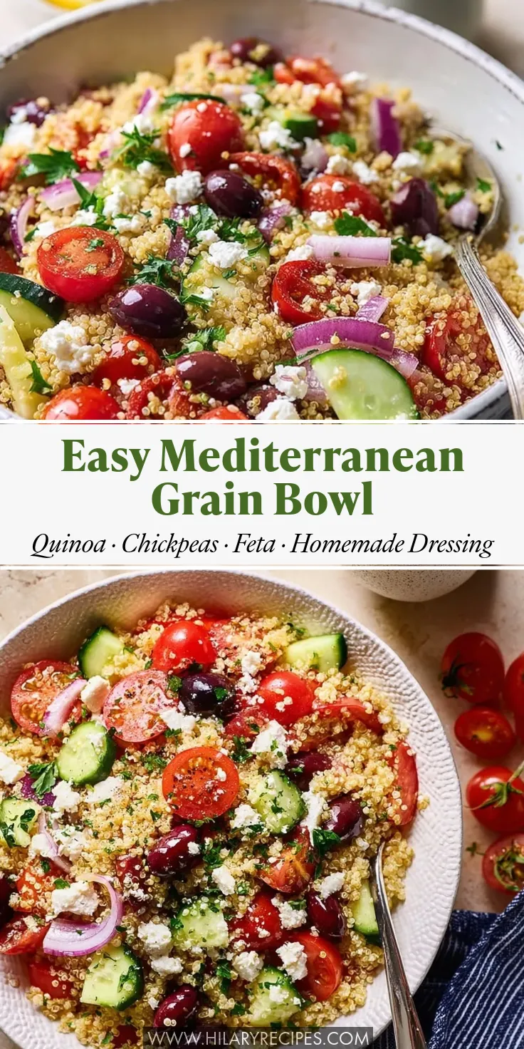 A vertical Pinterest pin featuring two mouth-watering photos of a Mediterranean grain salad loaded with quinoa, tomatoes, cucumbers, red onion, kalamata olives, and feta cheese. A central text banner reads "Easy Mediterranean Grain Bowl - Quinoa, Chickpeas, Feta, Homemade Dressing."