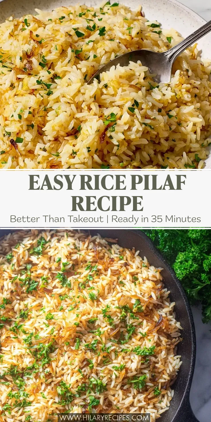 A vertical Pinterest recipe pin showing two photos of golden, perfectly separated rice pilaf mixed with toasted orzo and fresh parsley. The center text overlay reads "EASY RICE PILAF RECIPE" in large green letters, with a subheading "Better Than Takeout | Ready in 35 Minutes."