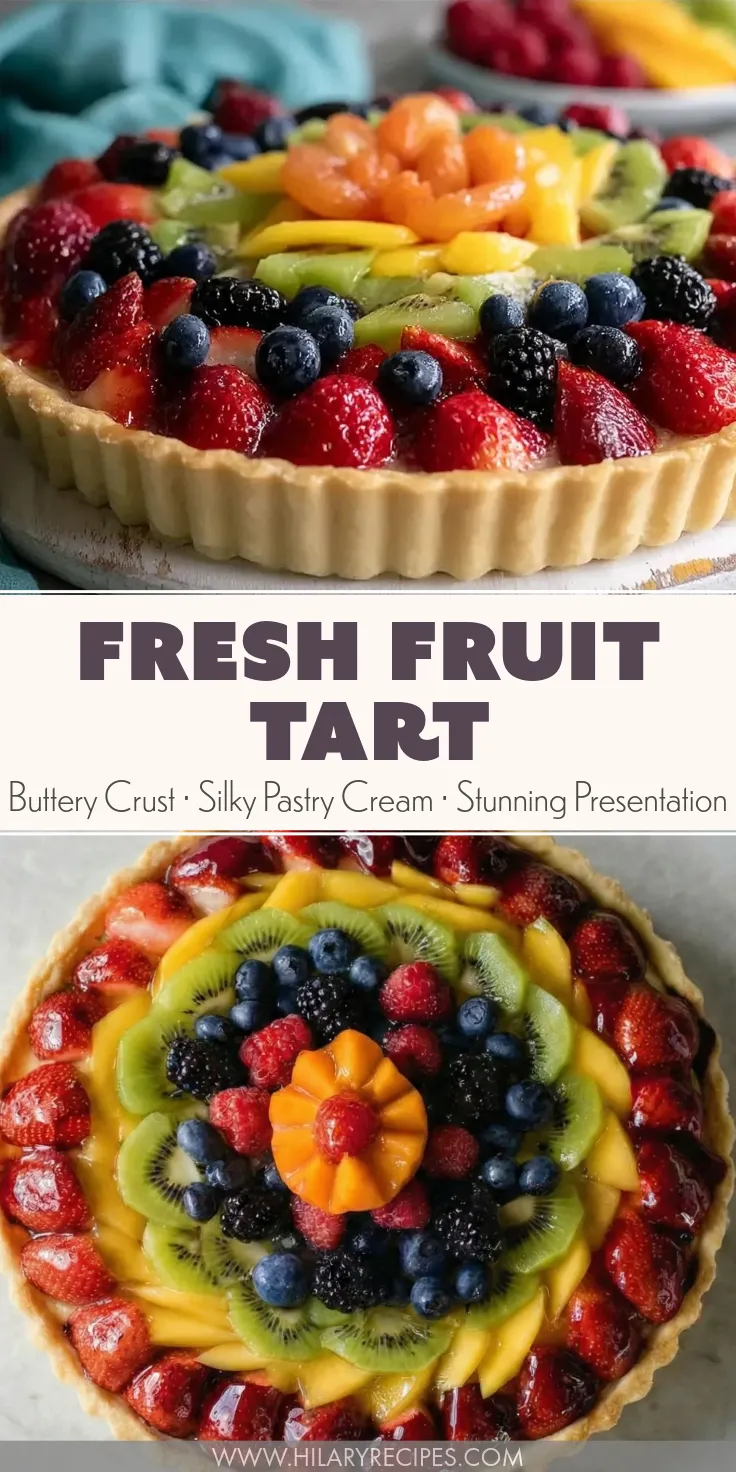 Fresh Fruit Tart Recipe pin A gorgeous fresh fruit tart recipe featuring a buttery fluted crust, silky pastry cream, and a glossy, vibrant arrangement of fresh strawberries, kiwi, blackberries, blueberries, and mango.