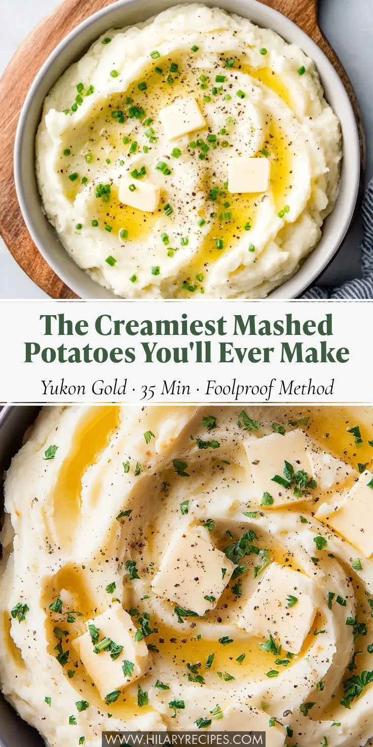 A split-screen graphic showing two mouth-watering views of creamy mashed potatoes garnished with melting butter pats, fresh herbs, and cracked black pepper. The center text reads 'The Creamiest Mashed Potatoes You'll Ever Make - Yukon Gold - 35 Min - Foolproof Method