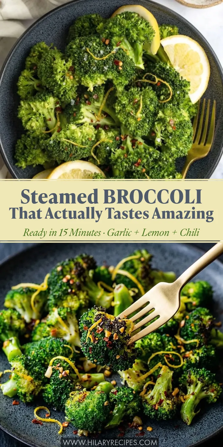 A split-image Pinterest graphic showing vibrant green steamed broccoli in a dark bowl, garnished with fresh lemon slices, bright yellow zest, and red chili flakes. The center text reads 'Steamed BROCCOLI That Actually Tastes Amazing' and 'Ready in 15 Minutes • Garlic + Lemon + Chili'. The bottom image features a gold fork lifting a perfectly seasoned, tender-crisp floret.