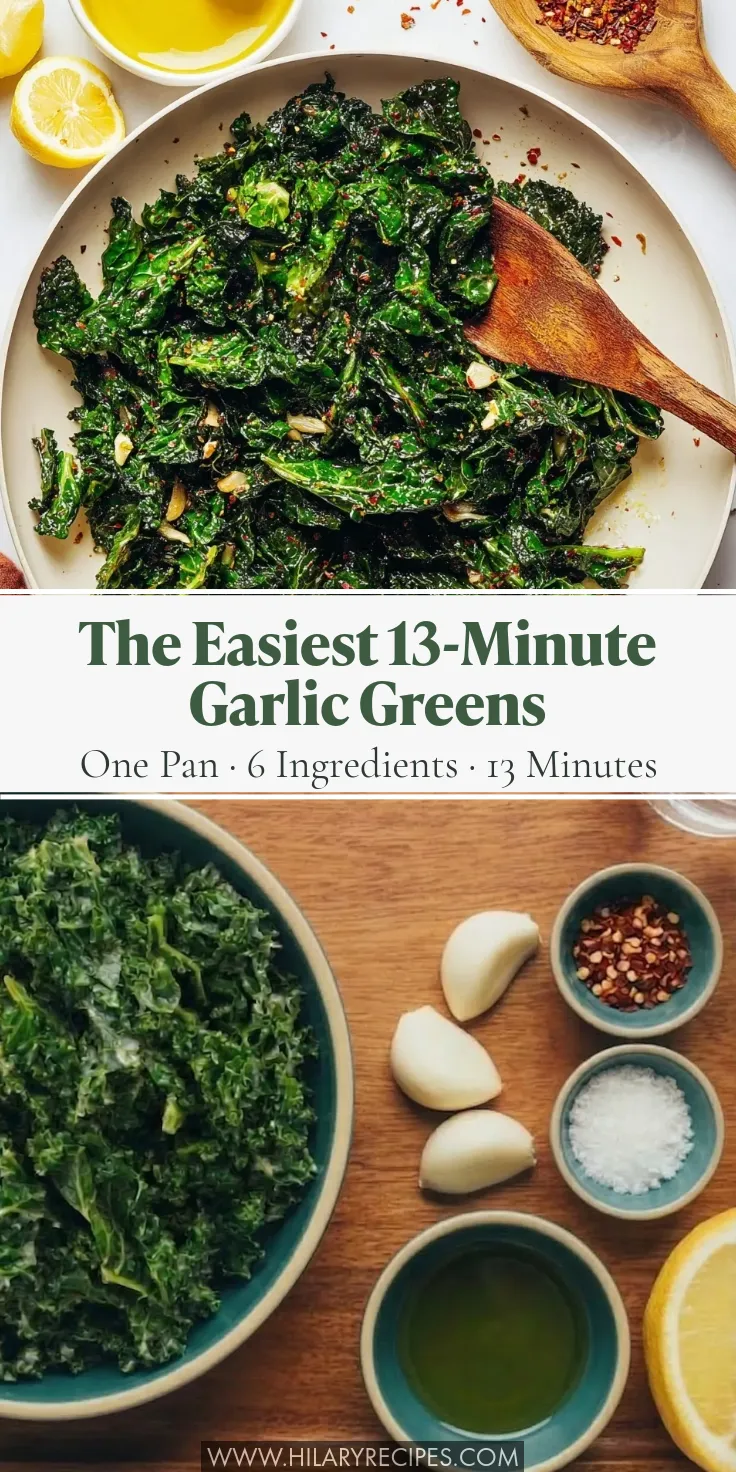 A vertical recipe pin titled 'The Easiest 13-Minute Garlic Greens' featuring a split layout. The top half shows cooked, glossy garlic sautéed kale in a light-colored skillet with a wooden spoon. The middle text reads 'One Pan • 6 Ingredients • 13 Minutes.' The bottom half displays the raw ingredients on a wooden tray: chopped kale, garlic cloves, red pepper flakes, salt, olive oil, and a lemon.